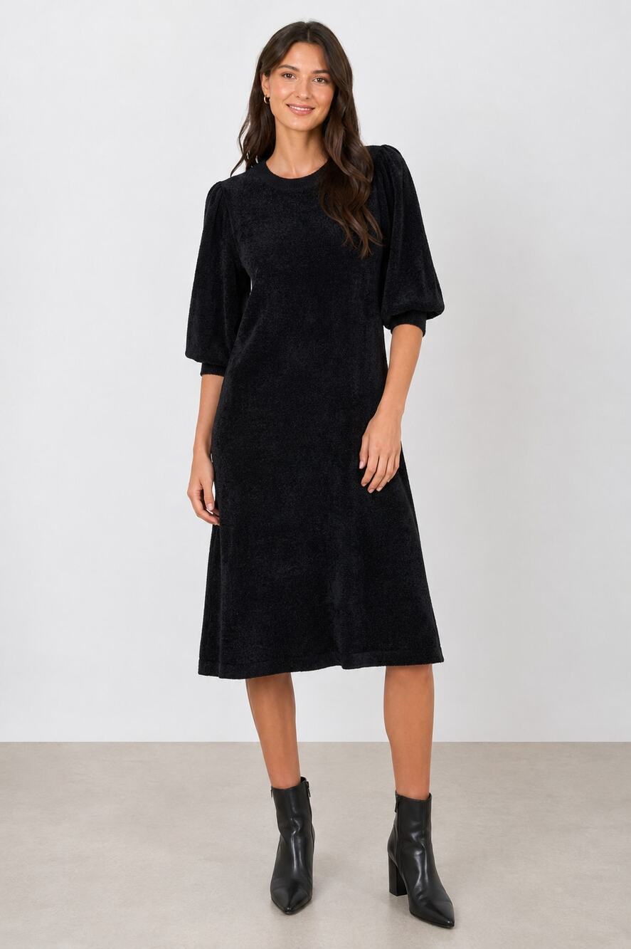 Another Love Chenille Puff Sleeve Sweater Dress Black Womens Size Large New